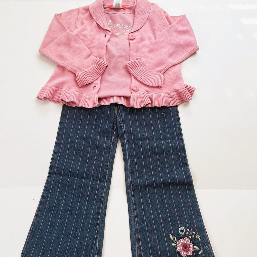 NWT Gymboree Girl Pinstripe Denim Pant, Charming Tee & Shawl Collar Cardigan 5
